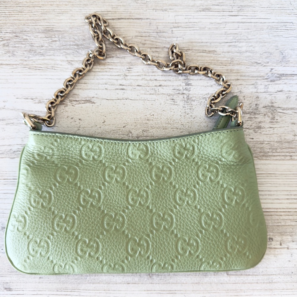 New Gucci Brainy GG Emblem leather shoulder crossbody mini bag pouch, green - Picture 5 of 13